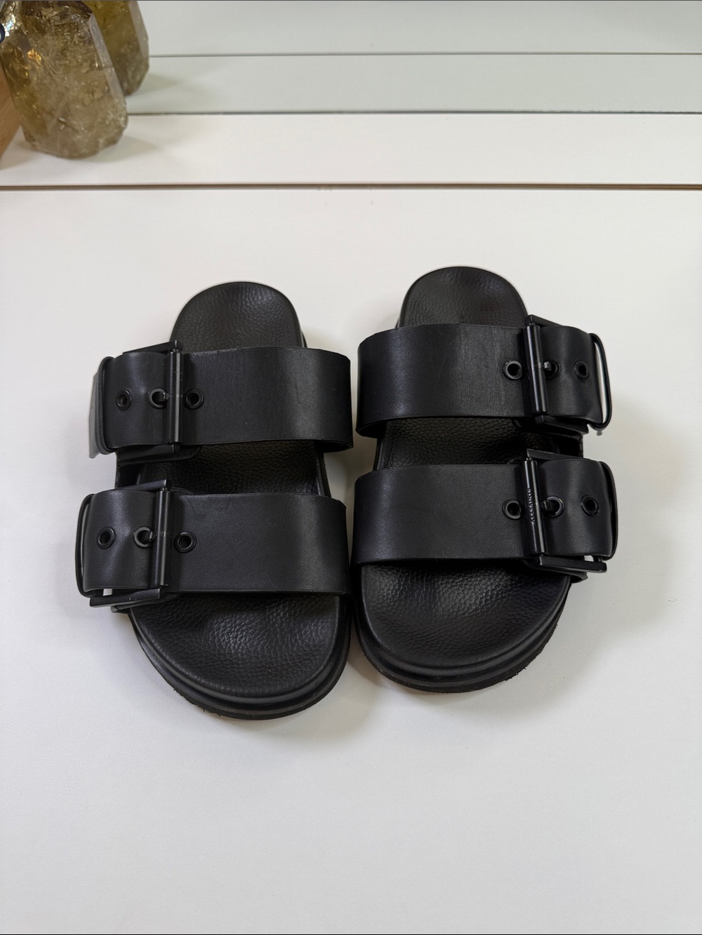 AllSaints Sian Black Leather Double Buckle Slide Sandals Size 7